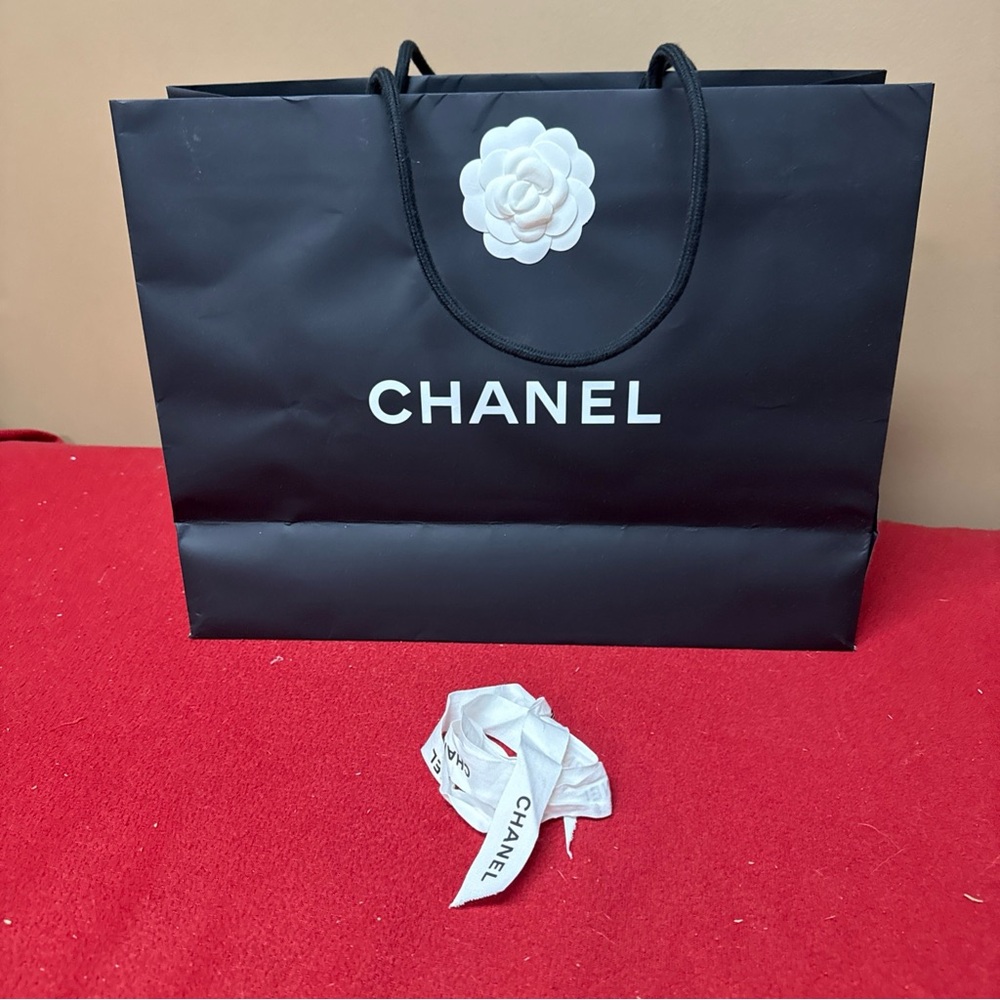 Chanel Empty Paper Black Shopping Bag Rope Handles 13” X17x6” With White Ribbon